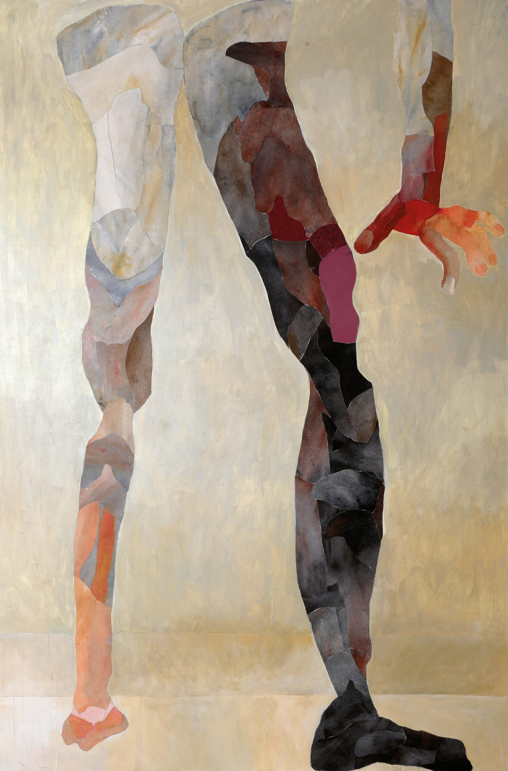 Schritt ( nach einer Zeichnung von 1964 ), 2021, 180 X 120cm, Collage auf Holz, Acryl, Nessel